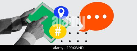 Homme dactylographiant à la main sur une tablette. Communication commerciale en ligne et influence sociale mondiale. Collage d'art contemporain. Banque D'Images