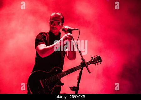 Paul Banks et le groupe Interpol se produit en concert à l'Auditorium Parco della Musica Ennio Morricone à Rome. Banque D'Images