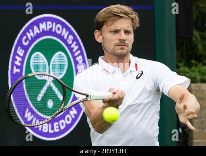 Londres, Royaume-Uni. 29th juin 2023. Belge David Goffin photographié lors d'une séance d'entraînement en prévision du tournoi de tennis de grande envergure de Wimbledon 2023 au All England tennis Club, dans le sud-ouest de Londres, en Grande-Bretagne, le jeudi 29 juin 2023. BELGA PHOTO BENOIT DOPPAGNE crédit: Belga News Agency/Alay Live News Banque D'Images