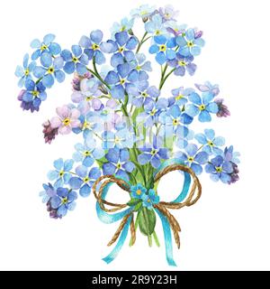 Bouquet aquarelle avec Forget Me Nots, illustration botanique sur fond blanc Banque D'Images