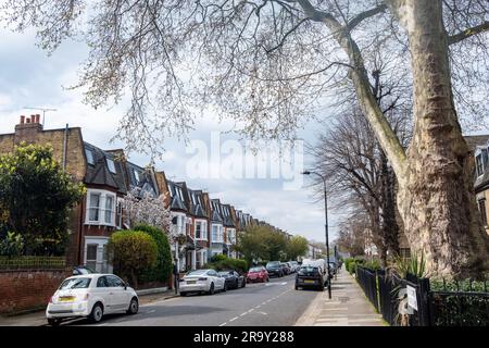 LONDRES - AVRIL 2023 : rue de maisons mitoyennes typiques à Fulham, à la sortie de Fulham Palace Road en SW6 Banque D'Images