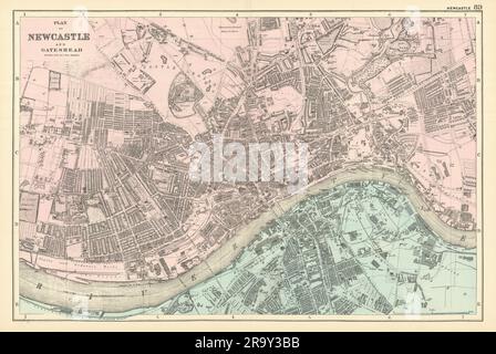 NEWCASTLE-UPON-TYNE et Gateshead ville plan GW BACON 1891 vieille carte antique Banque D'Images