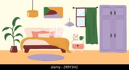 Intérieur plat de la chambre à coucher à l'intérieur d'une bodeche vectorielle. Appartement de séjour avec meubles - lit double, commode, moquette et usine de maison. Illustration vectorielle. Illustration de Vecteur