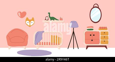 Chambre bébé, chambre de bébé avec lit bébé, mobilier, moquette, lampe de sol et miroir. Intérieur de la chambre d'enfant en forme de plat avec berceau et jouets pour bébé Illustration de Vecteur