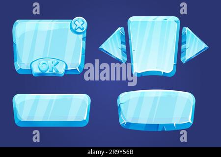 Définir des cadres de glace congelés, des panneaux pour les arows de menu de jeu, des boutons, le signe ok dans le style de dessin animé isolé. Conception de jeux d'interface utilisateur, interface d'application. Illustration vectorielle Illustration de Vecteur