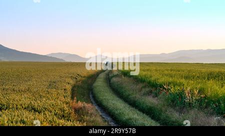 Voiture verte-bleue garée hors de la nature pittoresque avec vue sur les montagnes de Bohème centrale (tchèque: České Středohoří). Réservation naturelle populaire. Banque D'Images