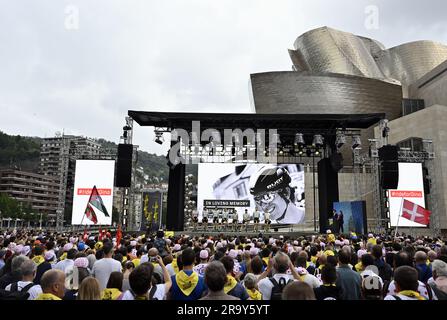 Bilbao, Espagne. 29th juin 2023. Les coureurs victorieux de Bahreïn photographiés lors de la présentation de l'écurie avant l'édition 110th de la course cycliste Tour de France, à Bilbao, Espagne, le jeudi 29 juin 2023. Le Tour de France de cette année a lieu du 01 au 23 juillet 2023 et commence par trois étapes en Espagne. BELGA PHOTO DIRK WAEM crédit: Belga News Agency/Alay Live News Banque D'Images