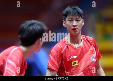 Zagreb, Croatie. 29th juin 2023. Liang Yanning, Xue FEI de la Chine rivalisent contre Cho Daeseong, Lee sang su de la Corée du Sud pendant le concours de la WTT Zagreb 2023 hommes double la ronde de 16 au Dom Sportova à Zagreb, Croatie sur 29 juin 2023. Photo: Igor Kralj/PIXSELL crédit: Pixsell/Alay Live News Banque D'Images