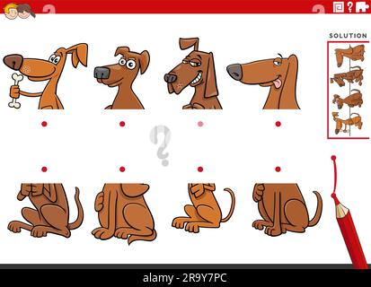 Dessin animé illustration de la tâche éducative de faire correspondre les moitiés des images avec les chiens drôle personnages animaux Illustration de Vecteur