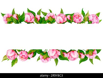 Bordure aquarelle avec pivoines roses. Bannière botanique peinte à la main. Mariage, Saint-Valentin, anniversaire, design anniversaire. Banque D'Images