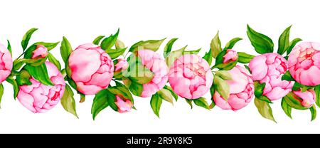 Bordure sans couture aquarelle de pivoines roses. Pour la conception des invitations, félicitations, emballage, papeterie, annonces, ventes, impression sur texte Banque D'Images