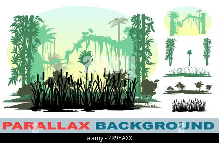 Paysage de la jungle. Épais épaississement d'arbres et d'arbustes. Les lianas sont suspendues. Effet de parallaxe des couches d'image. Belle silhouette. Image vectorielle isolée Illustration de Vecteur