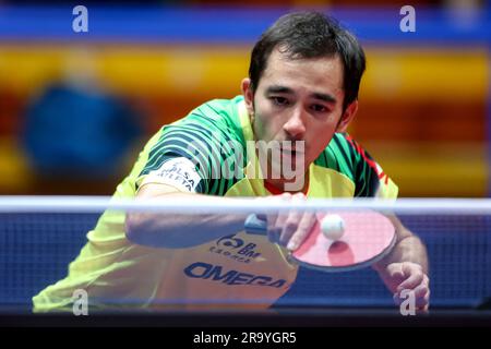 Zagreb, Croatie. 29th juin 2023. Hugo Calderano du Brésil concourt contre Shunsuke Togami du Japon pendant le concours WTT Zagreb 2023 hommes célibataires Round of 32 match à Dom Sportova à Zagreb, Croatie sur 29 juin 2023. Photo: Igor Kralj/PIXSELL crédit: Pixsell/Alay Live News Banque D'Images