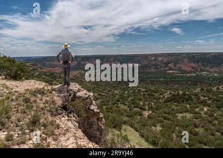 Homme mature randonneur caucasien debout sur le bord d'une falaise regardant vers le bas dans un profond canyon, parc d'état de Palo Duro Canyon, Texas Banque D'Images
