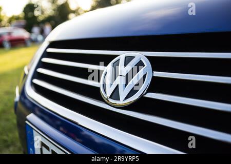 Berlin, Allemagne - 24 juin 2023 : logo Volkswagen sur une voiture Volkswagen dans un pré. Banque D'Images