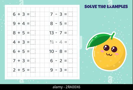 Jeu de mathématiques pour enfants. Addition et soustraction. Illustration de Vecteur