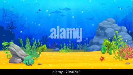 Paysage marin sous-marin, jeu d'arcade niveau de l'océan. Fond de parallaxe de vecteur de dessin animé avec fond de mer, raquette de poisson et silhouettes de dauphin. Corail, plantes et rochers. Sol tropical de l'océan, monde sous-marin Illustration de Vecteur