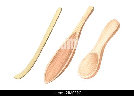 Ustensiles d'aquarelle pour la cérémonie du thé japonais. Set pour matcha faire une cuillère de bambou. Illustration dessinée à la main isolée sur blanc. Idéale pour le design Banque D'Images