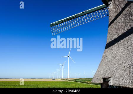 Énergie verte et renouvelable : anciens éoliennes et nouvelles éoliennes, aux pays-Bas Banque D'Images