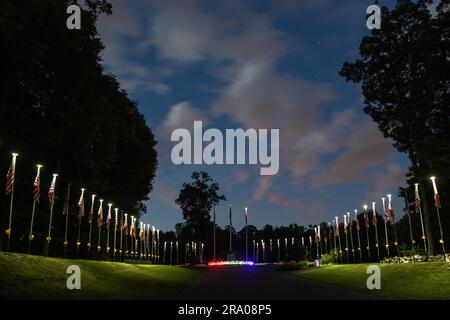 Des drapeaux américains bordent l'allée du cimetière des anciens combattants du comté d'Orange à Goshen, dans l'État de New York, sur 4 juillet 2021. Banque D'Images