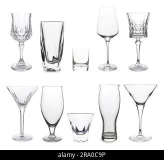 Collage avec différents verres vides sur fond blanc Banque D'Images