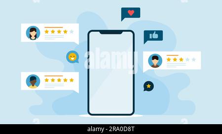 Smartphone avec évaluation par les clients et icônes sociales. Mobile avec icône de fenêtre contextuelle de revue d'application Illustration de Vecteur