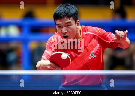 Zagreb. 29th juin 2023. Xiang Peng, de Chine, est en compétition lors de la manche masculin de 32 contre Ruwen Filus, d'Allemagne, au concours mondial de tennis de table (WTT) 2023 à Zagreb, en Croatie, sur 29 juin 2023. Credit: Igor Kralj/PIXSELL via Xinhua/Alay Live News Banque D'Images