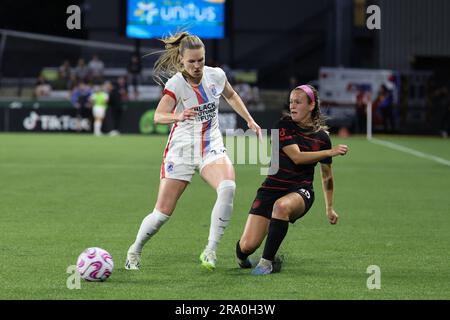 1 juillet 2023 ; Portland, Oregon, États-Unis ; Match NWSL entre le Portland Thorns FC et le OL Reign à Providence Park. (Photo : Al Sermeno) Banque D'Images