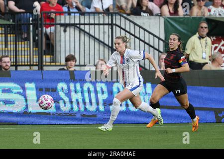 1 juillet 2023 ; Portland, Oregon, États-Unis ; Match NWSL entre le Portland Thorns FC et le OL Reign à Providence Park. (Photo : Al Sermeno) Banque D'Images