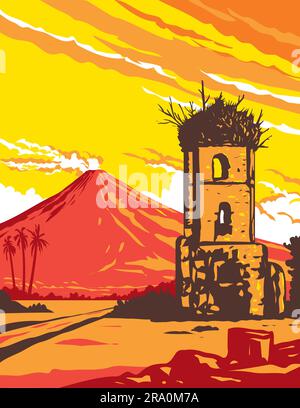 L'art de l'affiche WPA du volcan Mayon et des ruines de Cagsawa clocher à Albay, région de Bicol dans l'île de Luzon des Philippines fait en travaux projet admin Banque D'Images