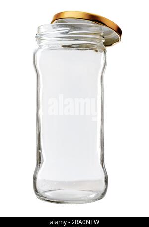 Bol en verre transparent sur fond blanc, avec couvercle de couleur or Banque D'Images