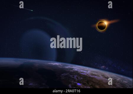 éclipse solaire avec halo orange sur la planète Terre, sur ciel étoilé foncé. Éléments de cette image fournis par la NASA Banque D'Images