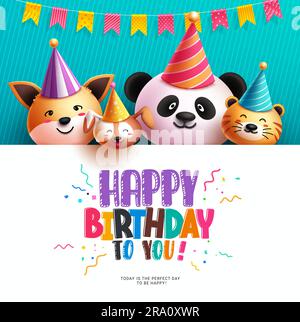 Modèle vectoriel joyeux anniversaire. Émoticone d'anniversaire personnages animaux avec espace tableau blanc pour le message de dédicace. Illustration vectorielle Illustration de Vecteur