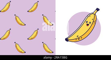 Banane dessinée à la main dans le style doodle pour concevoir des vêtements de bébé. Carte postale avec banane et motif sans couture. Imprimé dessin animé bohémien pour pépinière. Texture de conception pour enfants pour pyjama. Illustration vectorielle. Illustration de Vecteur