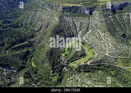 FRANCE. GARD (30) PAIE VIGANAIS. VUE AÉRIENNE DU CIRQUE DE NAVACELLES (ÉTIQUETÉ GRAND SITE DE FRANCE) Banque D'Images