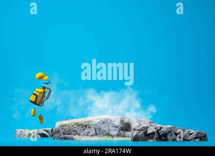 concepts de voyage et de vacances, 3d illustrations de rochers et de matériel de voyage avec fond bleu. 3d rendu Banque D'Images