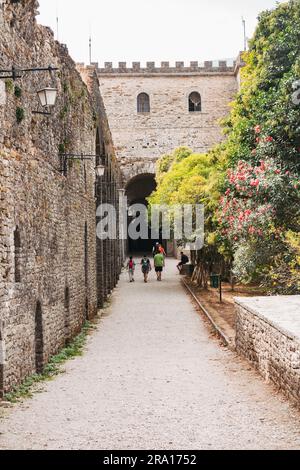 Fleurs printanières au château de Gjirokastër, une forteresse historique du 12e siècle dans le sud de l'Albanie. Maintenant un musée et un site du patrimoine mondial de l'UNESCO Banque D'Images