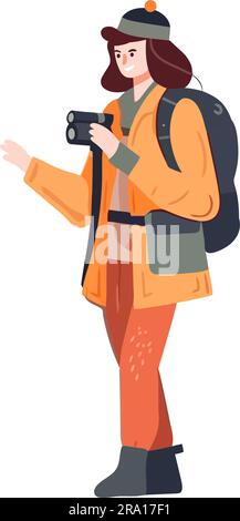 Une personne marchant avec un sac à dos et des jumelles Illustration de Vecteur