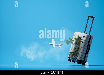 concepts de voyage et de vacances, 3d illustrations de valises, île et avions avec fond bleu. 3d rendu Banque D'Images