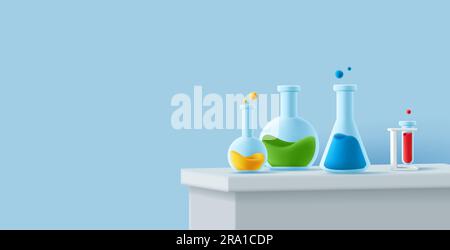 Table de laboratoire avec beackers en verre de différentes formes et avec liquide coloré, icône de rendu 3D. Illustration de Vecteur