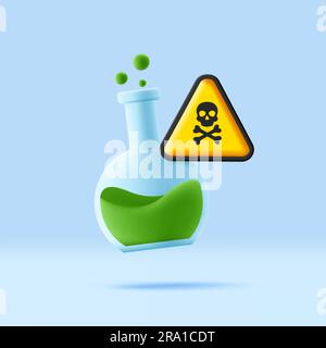 Bécher en verre avec un liquide vert toxique. icône 3d avec panneau d'avertissement crâne et os Illustration de Vecteur