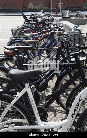 Kopenhagen, Danemark. 28th juin 2023. Des vélos sont garés à Copenhague en face du bâtiment Blox, qui abrite également le Centre danois d'architecture. Copenhague accueillera le Congrès mondial des architectes de 28th dans les prochains jours. (À dpa « Healthy Building » - Comment l'architecture peut-elle être durable ? ») Credit: Steffen Trumpf/dpa/Alay Live News Banque D'Images