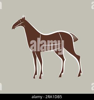 Marron gracieux noble cheval avec contour blanc. Dessin à la main Mustang. Silhouette animale majestueuse isolée. Combinaison de stalinon de baie. Mascotte à chevalet Illustration de Vecteur
