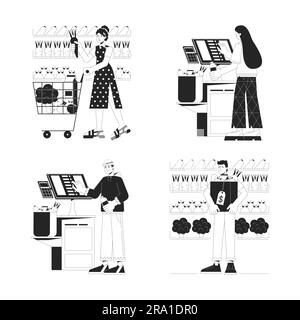 Personnes activités de tous les jours ligne plate noir blanc personnages vectoriels Illustration de Vecteur