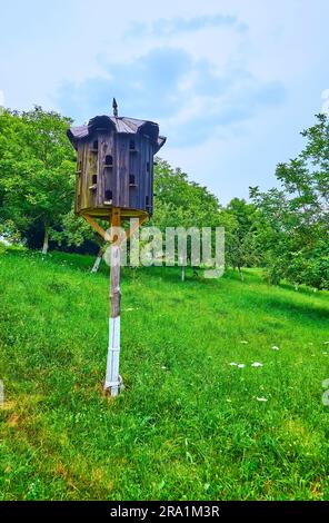 La petite cabane en bois contre le jardin luxuriant à fleurs vertes de Chernivtsi scansen, Ukraine Banque D'Images