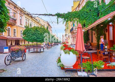 La rue piétonne centrale Olha Kobylyanska avec fleurs en pots, érables et maisons historiques, Chernivtsi, Ukraine Banque D'Images