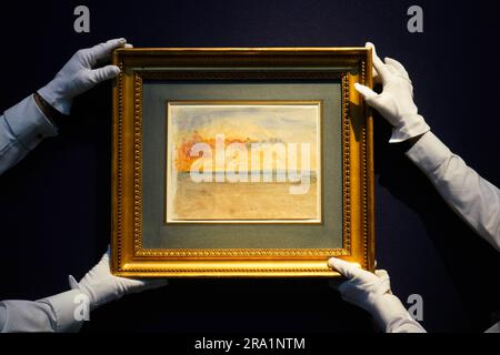 Londres, Royaume-Uni. 30 juin 2023 Joseph Mallord William Turner, R.A. (1775-1851), lever du soleil sur la mer, peut-être à Margate . Estimation: GBP 600 000-800 000. Christies; temps forts classiques de la semaine, y compris les anciens maîtres, les livres précieux et les manuscrits couvrant l'art de l'antiquité au centenaire de 20th. Credit: amer ghazzal / Alamy Live News Banque D'Images