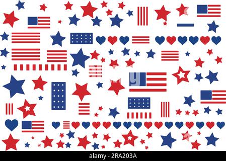 Collection de vecteurs illustrés icônes de célébration du jour de l'indépendance américaine, motifs patriotiques, rouges, blancs et bleus. Illustration de Vecteur