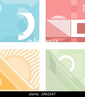 Collection de motifs abstraits illustrés vectoriellement, de formes colorées, d'angles avec des carrés, des arcs, des cercles et des triangles. Illustration de Vecteur