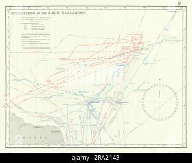 SMS Karlsruhe opérations 1914. Mouvements britanniques. Première Guerre mondiale. 1920 carte Banque D'Images